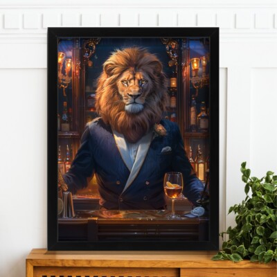 Lion in Blue Blazer Regal Animal Portrait Art Print Lion The Barman