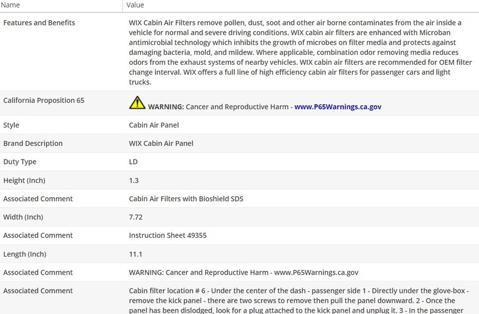 WIX Cabin Air Filter For VOLVO S60 CROSS COUNTRY 2017-2018 L4-2.0L - Image 3 of 4