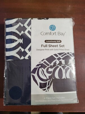 Comfort Bay Full Size Sheet Set Designer Print With Solid Flat Sheet Navy Blue