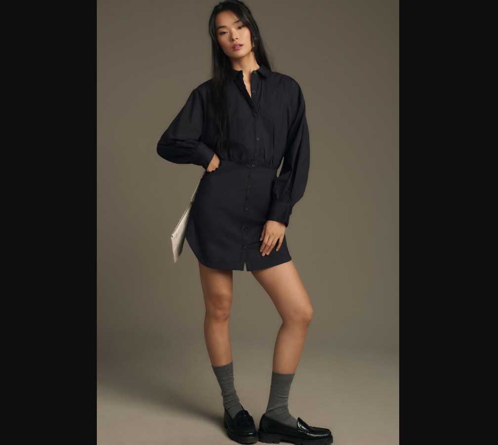 New women's XS Maeve x Anthropologie long-sleeve poplin mini shirt dress  black | eBay