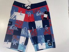New Quiksilver Boys Youth Surf Shorts Boardshort 12/26 VTG Check Remix Blue