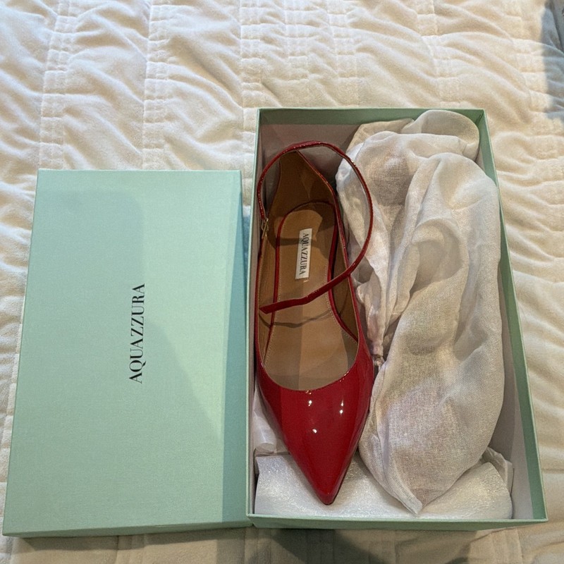 Aquazzura Red Patent Leather Pointed Toe Ankle Strap Buckle Flats EU 40