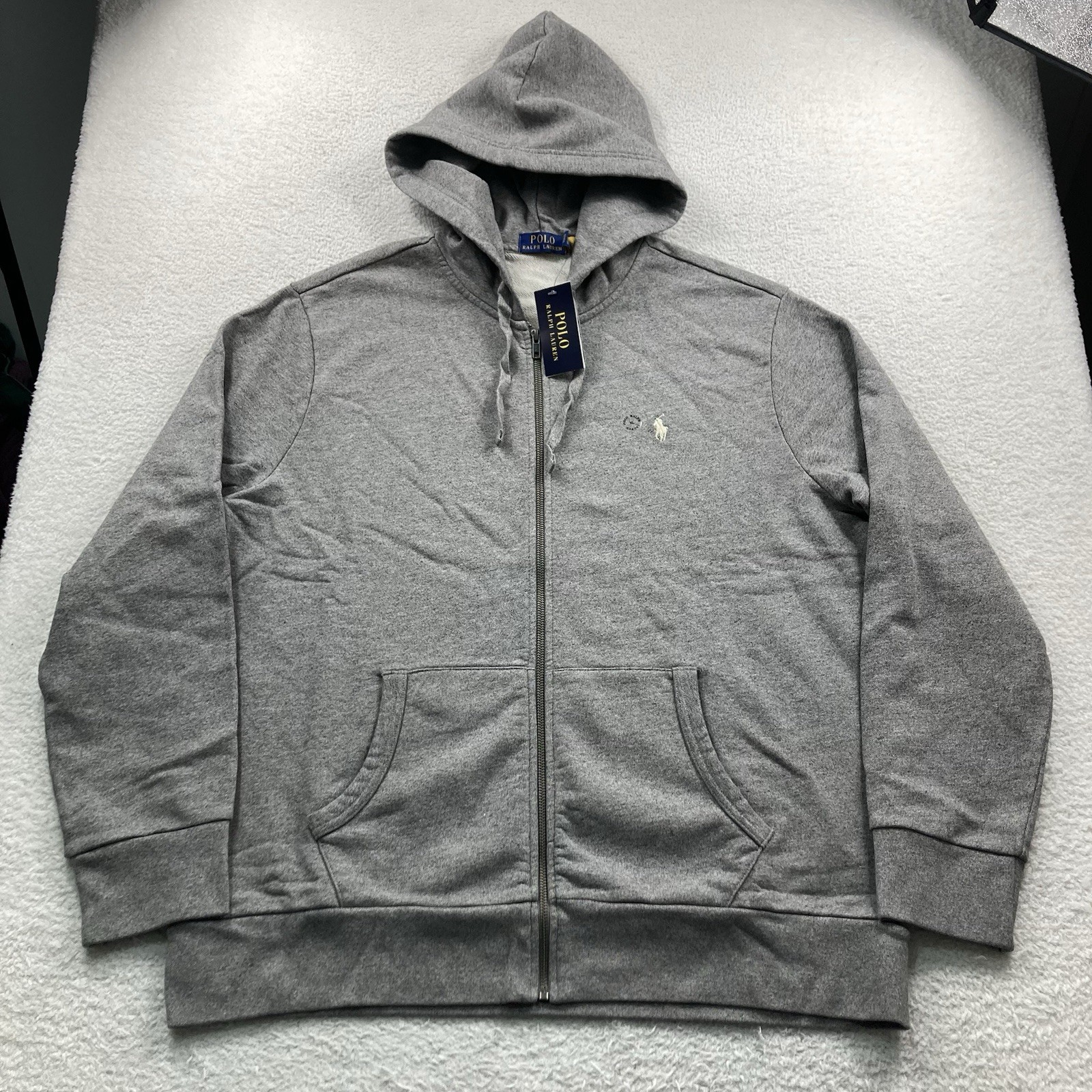 Polo Ralph Lauren Hoodie Mens XL Grey Full Zip Up Pony New