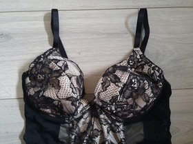 Ann Summers Black & Nude Lace  & Mesh Corset Back Babydoll Dress Size 18