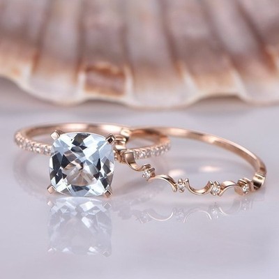 2Ct Cushion Cut Simulated Aquamarine Unique Bridal Ring Set 14K Rose Gold Plated