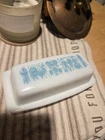Vintage Pyrex Turquoise Amish Butter Printmilk Glass Butter Dish &lid