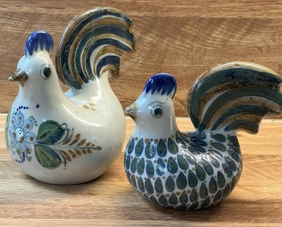 2 Erandi Tonala Mexican Stoneware Folk Art signed Chickens Hand Crafted Vintage