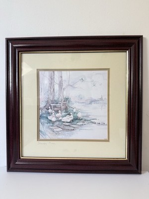 Vintage Slenda Rae Ducks by Lake Print 38x38cm Framed Country Cottage Wall Art