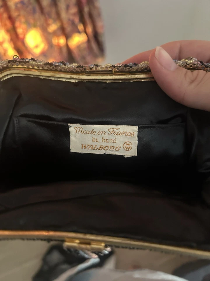 Bolso sin asas floral con cuentas negras hecho en Francia glamour noche formal delicado Foto 3 de 4