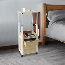 Bedside Table Rollers Height Adjustable Suitable Home Light Wood White US!