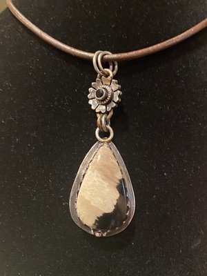 Navajo Wild Horse Magnesite .925 Silver Pendant Onyx Flower Crazy Horse Stone