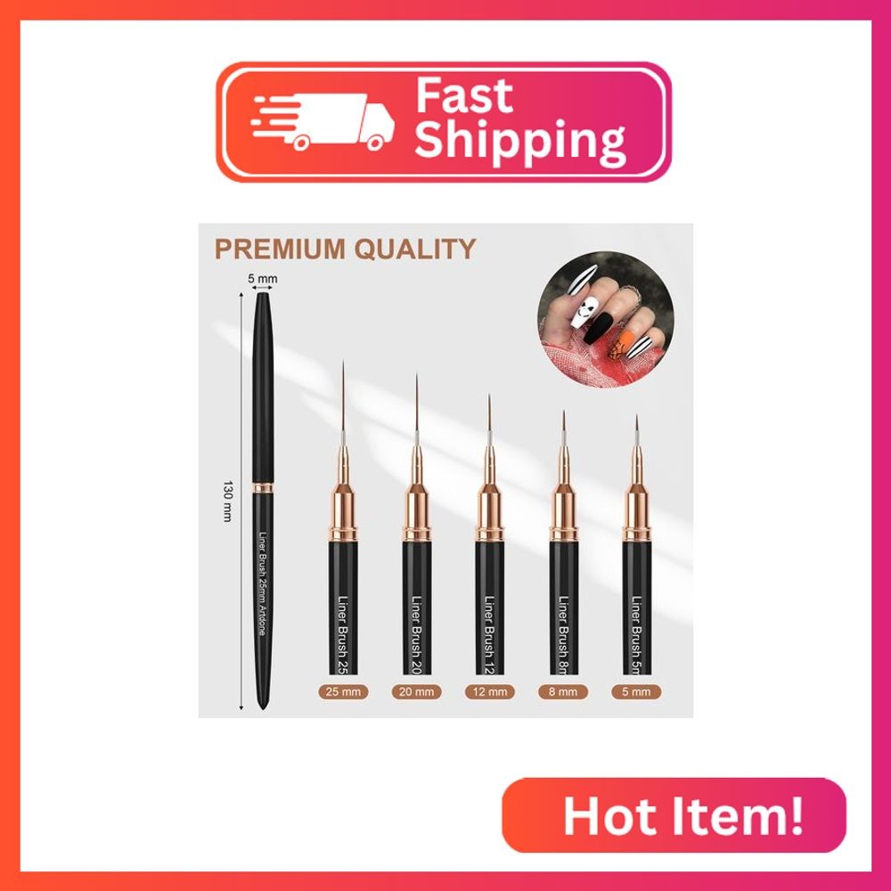 Artdone Metallic Nail Art Pens, Liner Brushes Set, 5PCS Black Color Nail Tools F