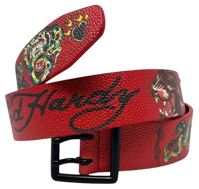 Ed Hardy Mens Panther Print Red Belt With Brass Silver Black Rivet