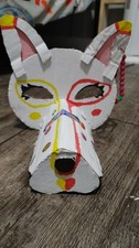 fox therian mask, white with pink and yellow details, homemade, strawberry