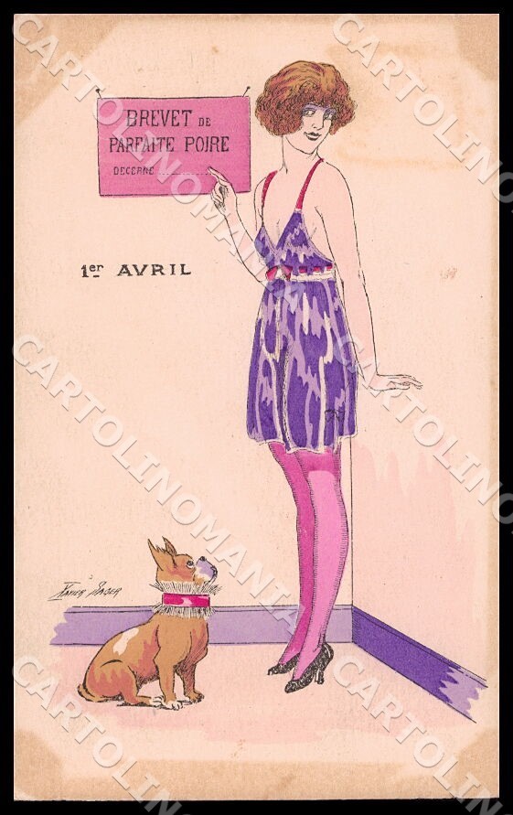 Cartolina Artista Sager X. Bulldog Francese Risque Lady Pesce d'Aprile Noyer CT0518