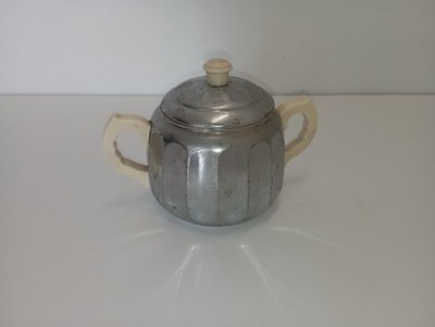 Vintage Art Deco Zuckerdose geriffelt aus Chrom Kupfer und Bakelit creme 30/50er Jahre