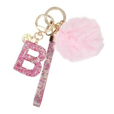 Initial Letter B Keychain with Pom and Rhinestone Wristlet, Pink