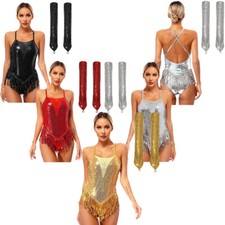 Women Bodysuit Club Outfit Dress Leotard Long Gloves Latin Lyrical Cha-Cha Prom