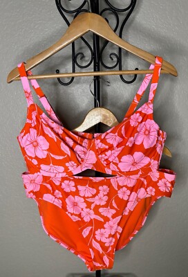 Wild Fable bikini Top (20) Bottom (1X) Tropical Orange & Pink Hawaiian Print