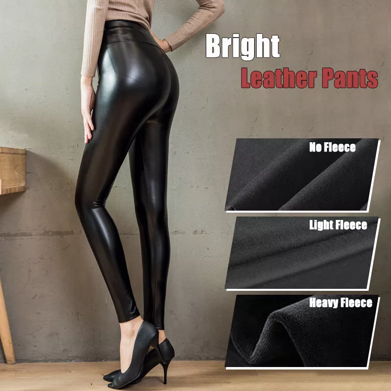 Plus Stretch-Fit Faux Leather Shaper PU High Waist Leggings Pants Warm For  Women