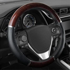Wood Grain Two Tone Leather Steering Wheel Cover Universal Size 14.5-15.5"