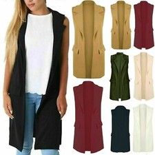 Womens Sleeveless Crepe Coat Mock Flap Pocket Waistcoat Duster Blazer Jacket UK