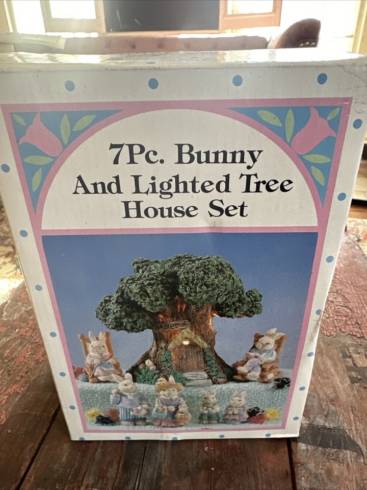 Vintage Easter Village Set 7Pc Bunny and Lighted Tree House w/Light