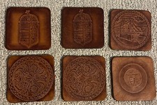 Set 6 Vintage Hand Tooled Brown Leather Drink Coasters Budapest 3"