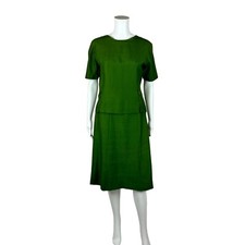 Vintage 70s Suit Set Women's Extra Small Solid Green Silk Blend Skirt Top Busine