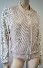 Rebecca Taylor Pale Pink Textured Fabric Body Cream Lace Sleeve Bomber Jacket M