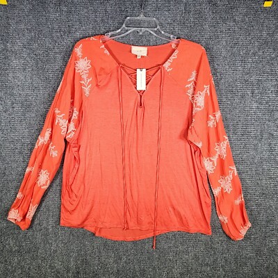 Anthropologie Embroidered Lace-Up Boho Top in Coral by En Elle - Size Small NEW