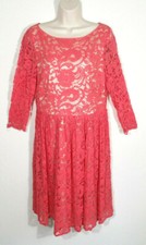Eliza J Women Size 14 Coral Beige Fit and Flare Dress Floral Lace 3/4 Sleeve