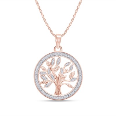 Natural Round Diamond Tree of Life Pendant Necklace Sterling Silver, 18'' Chain