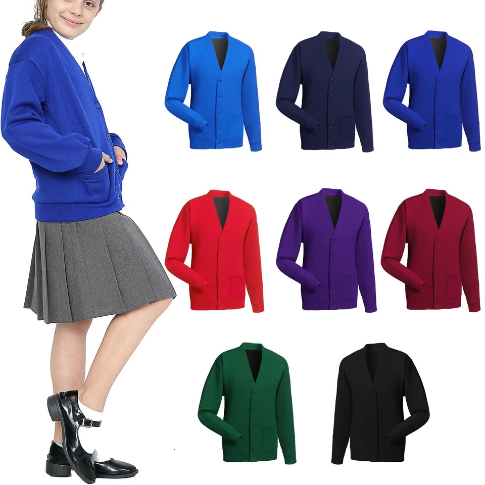 KIDS SCHOOL UNIFORM CARDIGAN HAND POCKET BUTTON UP FRONT BOYS GIRLS JUMPER 2-14Y