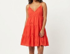 LOFT Women Petite XXSP Red Eyelet Cotton Smocked V-Neck Strap Midi Dress