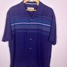 Tommy Bahama Men's XL Navy Silk Camp Shirt Embroidered Short Sleeve Aloha Hawaii