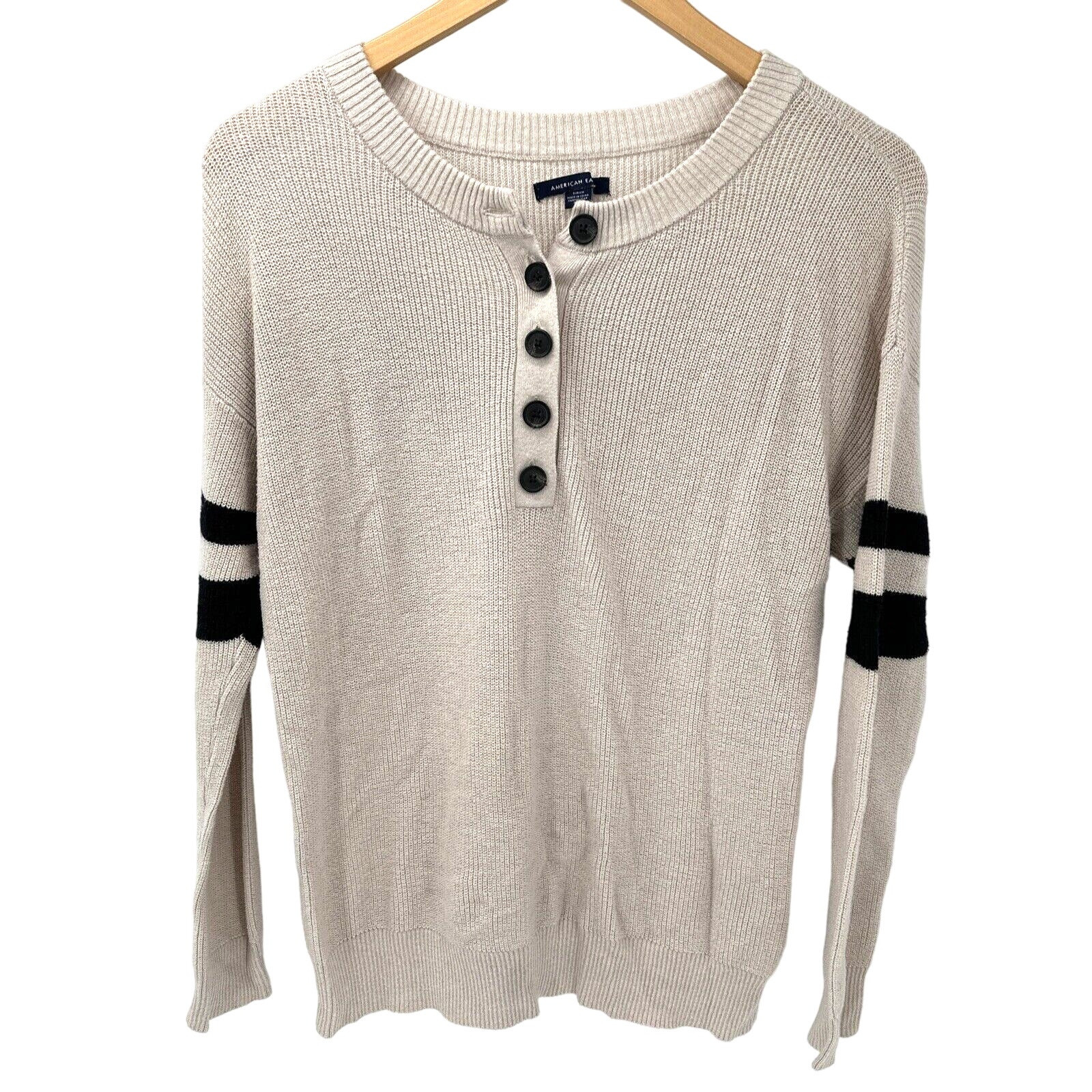 American Eagle Sweater Womens Small Henley Knit Pullover Tan Black Long Sleeve