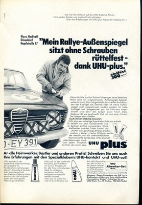 UHU Plus - My Rallye exterior mirror sits -- Klaus Heckhoff - 1969 advertising -
