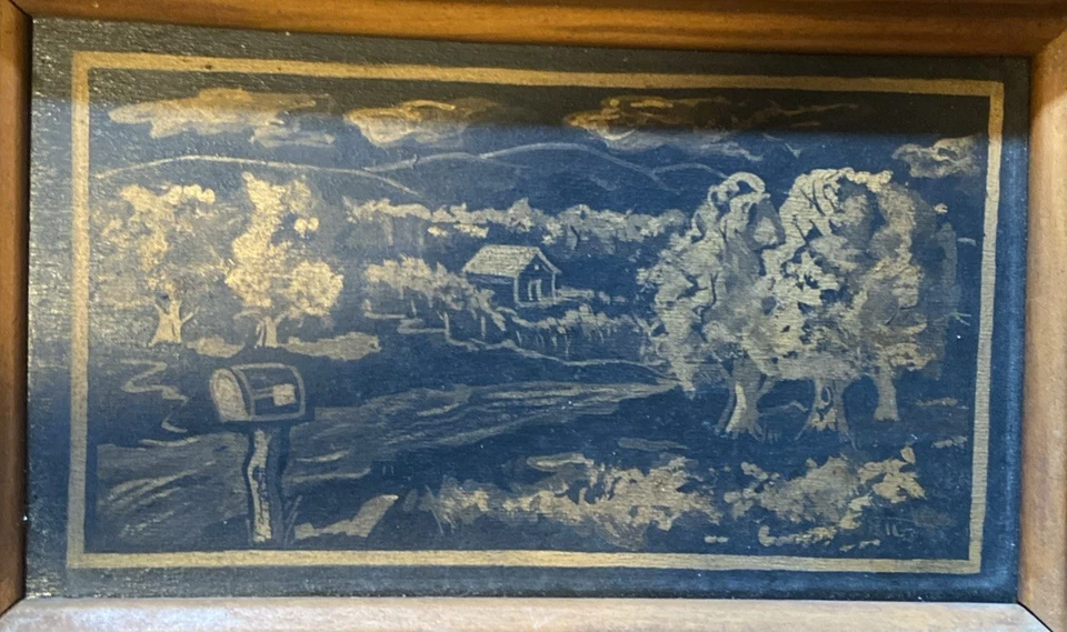 Set of 3 Hand Made Etched Wooden Folk Art Framed and Signed Americana - Image 4 of 4