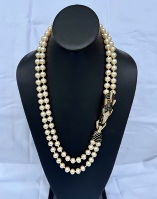 VTG CINER Zebra Clasp Rhinestone Enamel And Faux Pearl Necklace 18 