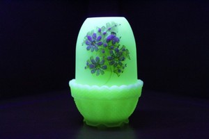 OOAK Vintage Fenton Fairy Lamp: White Daisies Uranium Yellow Custard Glass 