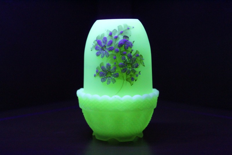 OOAK Vintage Fenton Fairy Lamp: White Daisies Uranium Yellow Custard Glass 