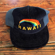 Vintage 80s Hawaii Rainbow Blue Corduroy Mesh Trucker Snapback Hat Cap