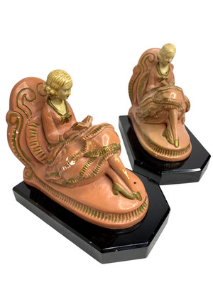 Pair of Antique Signed J.B.Hirsch 1930 s Bookends Woman Reading On Lounge