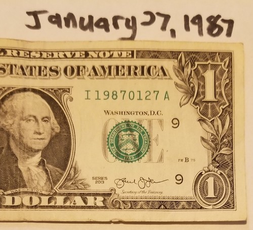 Birthday Anniversary January 21, 1987 $1 Dollar Bill Fancy Serial One 2013 I A - Picture 2 of 4