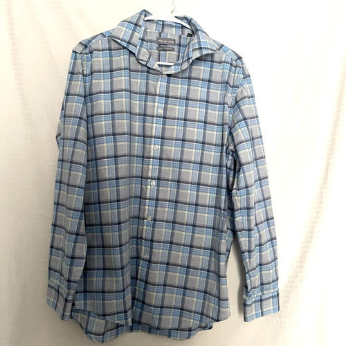Camisa Michael Kors Manga Larga Para Hombre Talla Grande Ajustada Elastizada Azul A Cuadros - Imagen 1 de 3