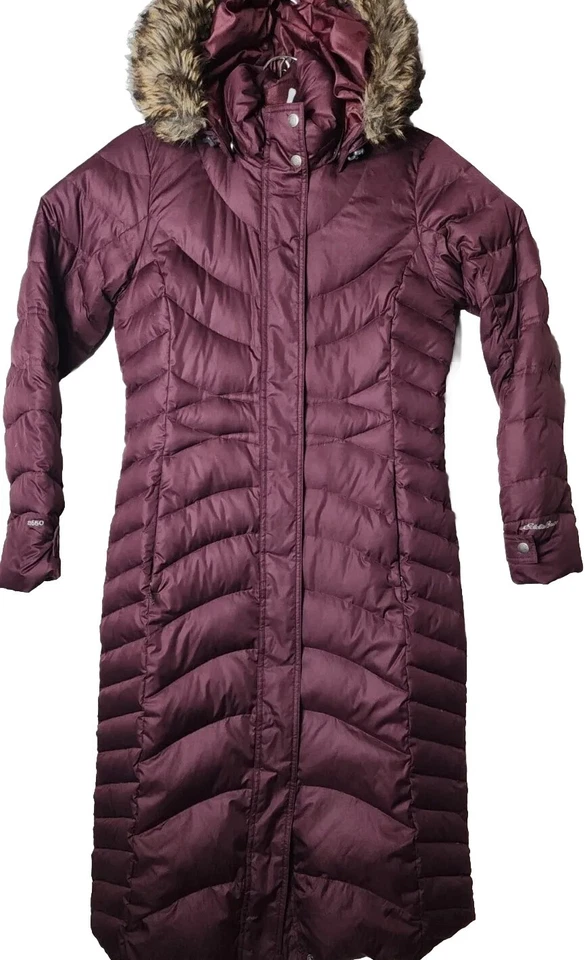 Eddie Bauer Women S Parka Burgundy EB650 Goose Down Hood Long Dress Zip Jacket - Image 2 of 4