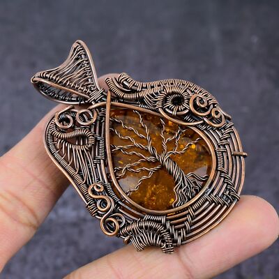 Baltic Amber Gemstone Handmade Copper Wire Wrap Tree Of Life Pendant  r507