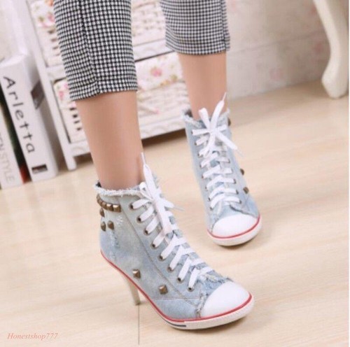 Women's Chic Sneaker Chunky heels Denim New Canvas Lace Up Pumps High Top Hot - Picture 5 of 20