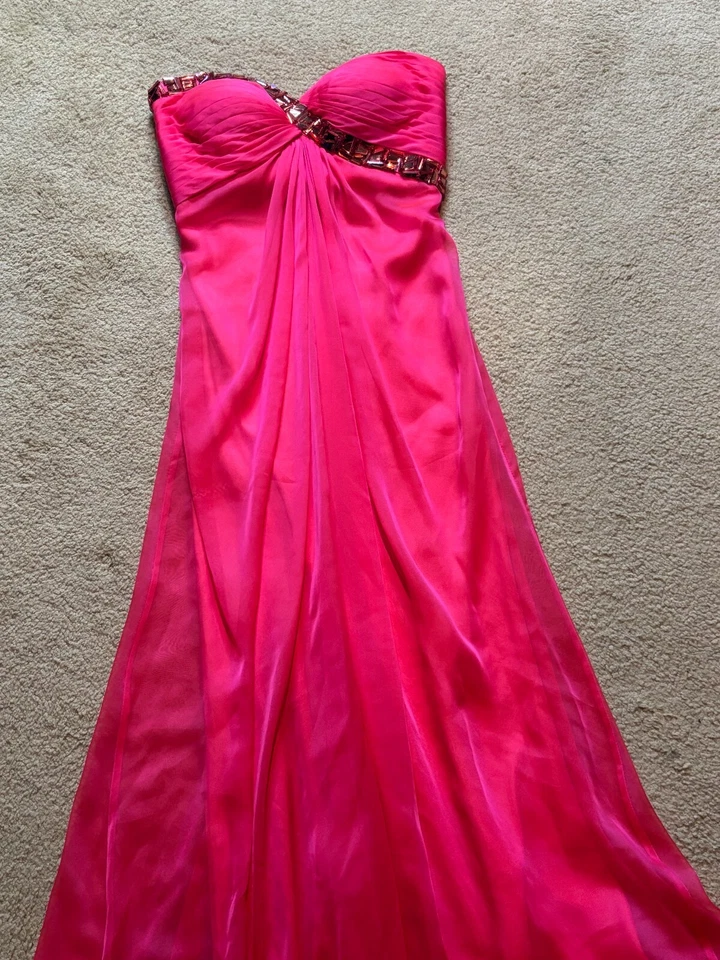 La Femme Coral Pink Red Strapless Pageant Evening Gown Maxi Dress Formal Prom 2 - Image 3 of 4